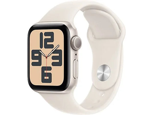 Apple Watch SE (2024), GPS, 40 mm, Caja de aluminio Blanco estrella, Vidrio delantero Ion-X, Correa deportiva Blanco estrella, Talla SM
