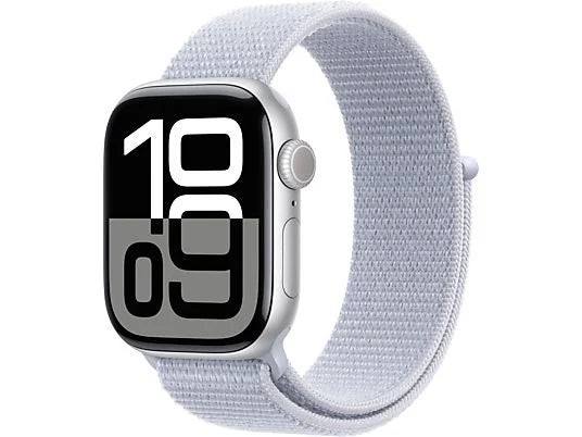 Apple Watch Series 10 (2024), GPS, 42 mm, Gesto de doble toque, Caja de aluminio plata, Correa Loop deportiva Azul nube