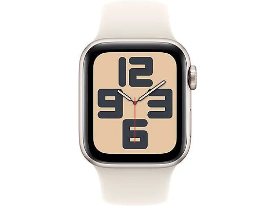 Apple Watch SE (2024), GPS, 40 mm, Caja de aluminio Blanco estrella, Vidrio delantero Ion-X, Correa deportiva Blanco estrella, Talla SM