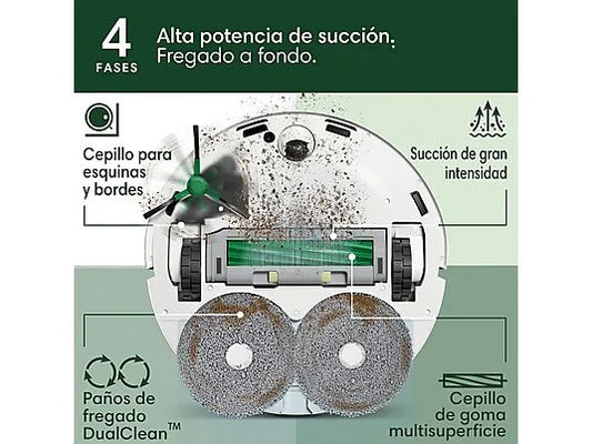 Robot friegasuelos - iRobot Roomba® Plus 405 Combo, 295 ml Depósito Polvo, 3l Depósito Agua Base, 3h Autonomía, Blanco
