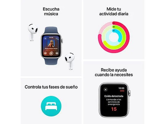 Apple Watch SE (2024), GPS, 40 mm, Caja de aluminio Blanco estrella, Vidrio delantero Ion-X, Correa deportiva Blanco estrella, Talla SM