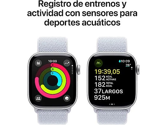 Apple Watch Series 10 (2024), GPS, 42 mm, Gesto de doble toque, Caja de aluminio plata, Correa Loop deportiva Azul nube