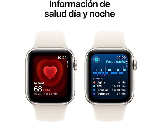Apple Watch SE (2024), GPS, 40 mm, Caja de aluminio Blanco estrella, Vidrio delantero Ion-X, Correa deportiva Blanco estrella, Talla SM