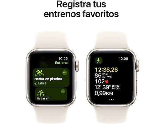 Apple Watch SE (2024), GPS, 40 mm, Caja de aluminio Blanco estrella, Vidrio delantero Ion-X, Correa deportiva Blanco estrella, Talla SM