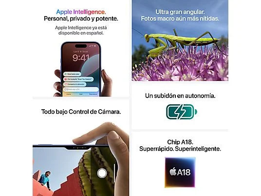 Apple iPhone 16, Negro, 128 GB, 5G, 6.1 " OLED Super Retina XDR, Chip A18 Bionic, iOS