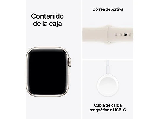 Apple Watch SE (2024), GPS, 40 mm, Caja de aluminio Blanco estrella, Vidrio delantero Ion-X, Correa deportiva Blanco estrella, Talla SM