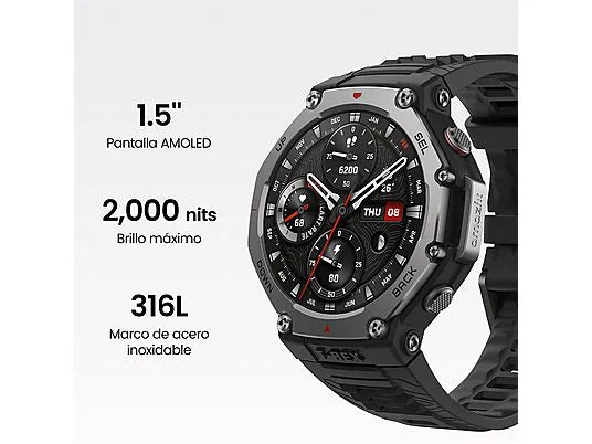 Smartwatch - Amazfit T-Rex 3, 1.5 AMOLED, Táctil, 27 días Autonomía, Silicona, Compatible iOSAndroid, Onyx